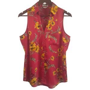 Express Collared Sleeveless‎ Blouse Red Sunflower Button Down Women S Slim EUC